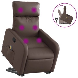 Brauner Massagesessel mit Aufstehhilfe aus Kunstleder, Relaxsessel mit Vibrationsmassage.