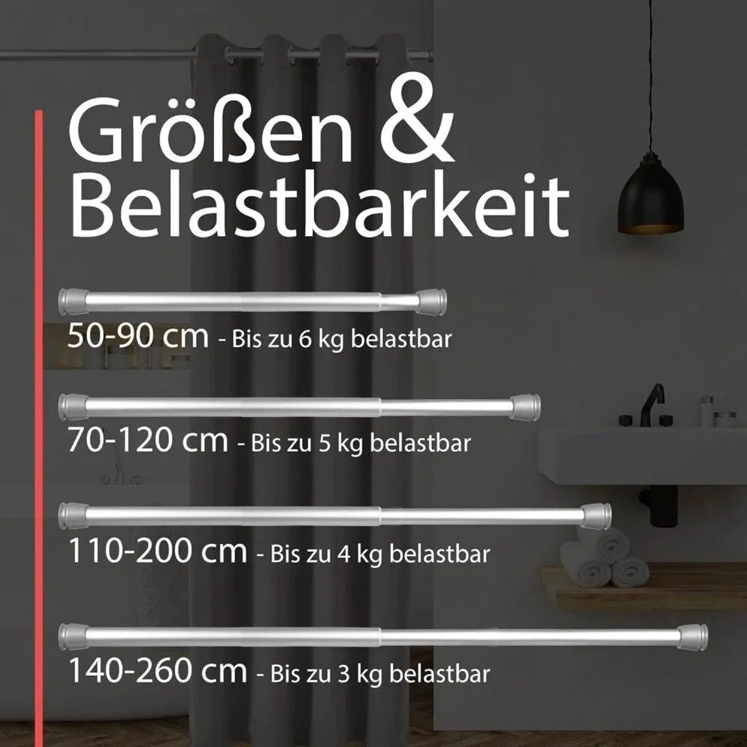 Bomoe Neptun Duschstange: Übersicht der Größen (50-260cm) und Belastbarkeit (3-6kg).
