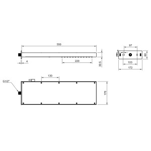 Technische Zeichnung des PaulGurkes Wasserfall Duschsystems, Eckig, mit Maßangaben.