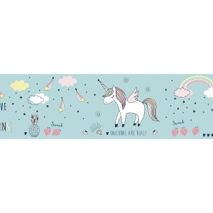 Türkise Kindertapete mit Einhorn-, Stern-, Regenbogen- und Erdbeermotiven.