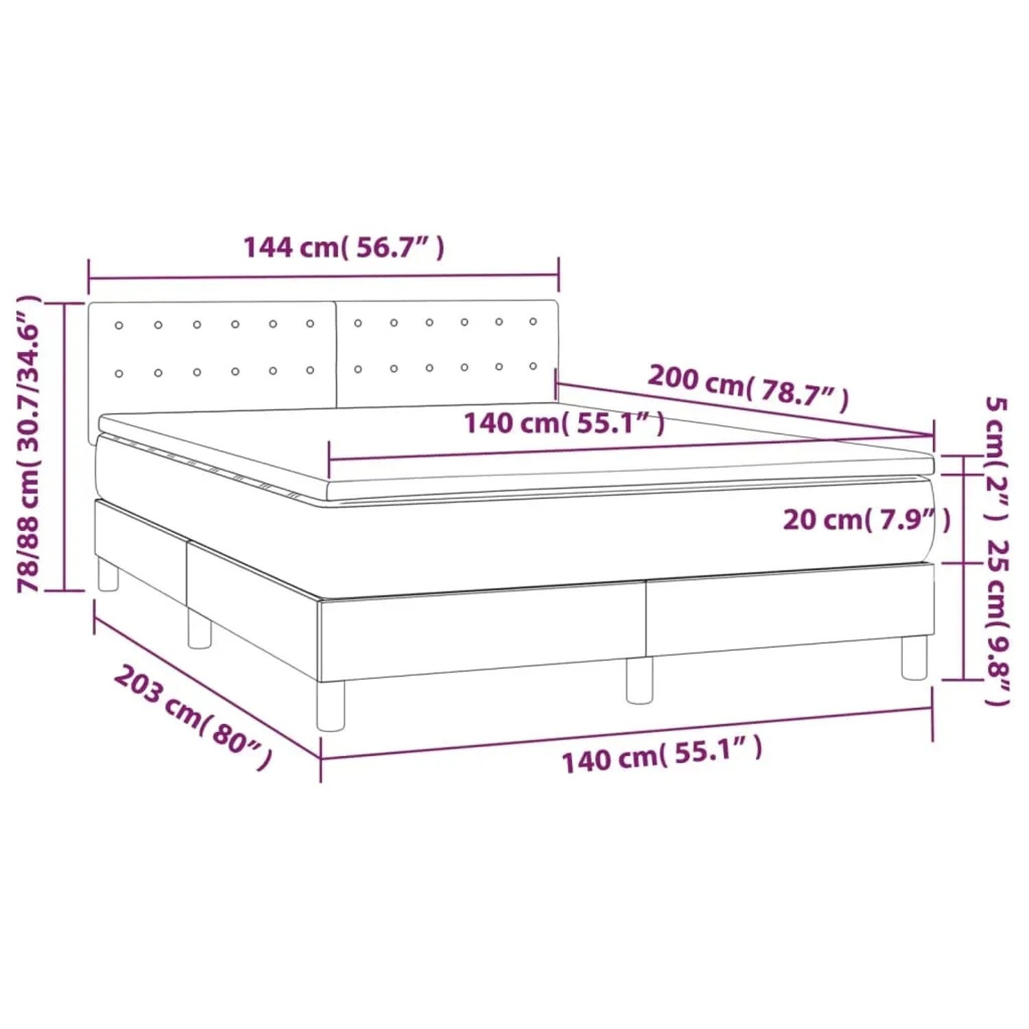 Blaues Boxspringbett 140x200 cm mit Matratze und Kopfteil, Stoffbezug.