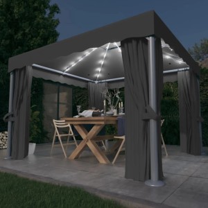 Anthrazitfarbener vidaXL Pavillon 3x3m mit Vorhängen und LED-Lichterkette im Garten.