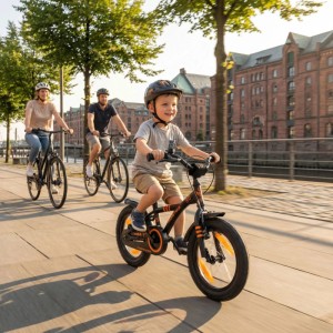 Schwarzes PROMETHEUS Kinderfahrrad 14 Zoll mit Stützrädern und Familie im Hintergrund.