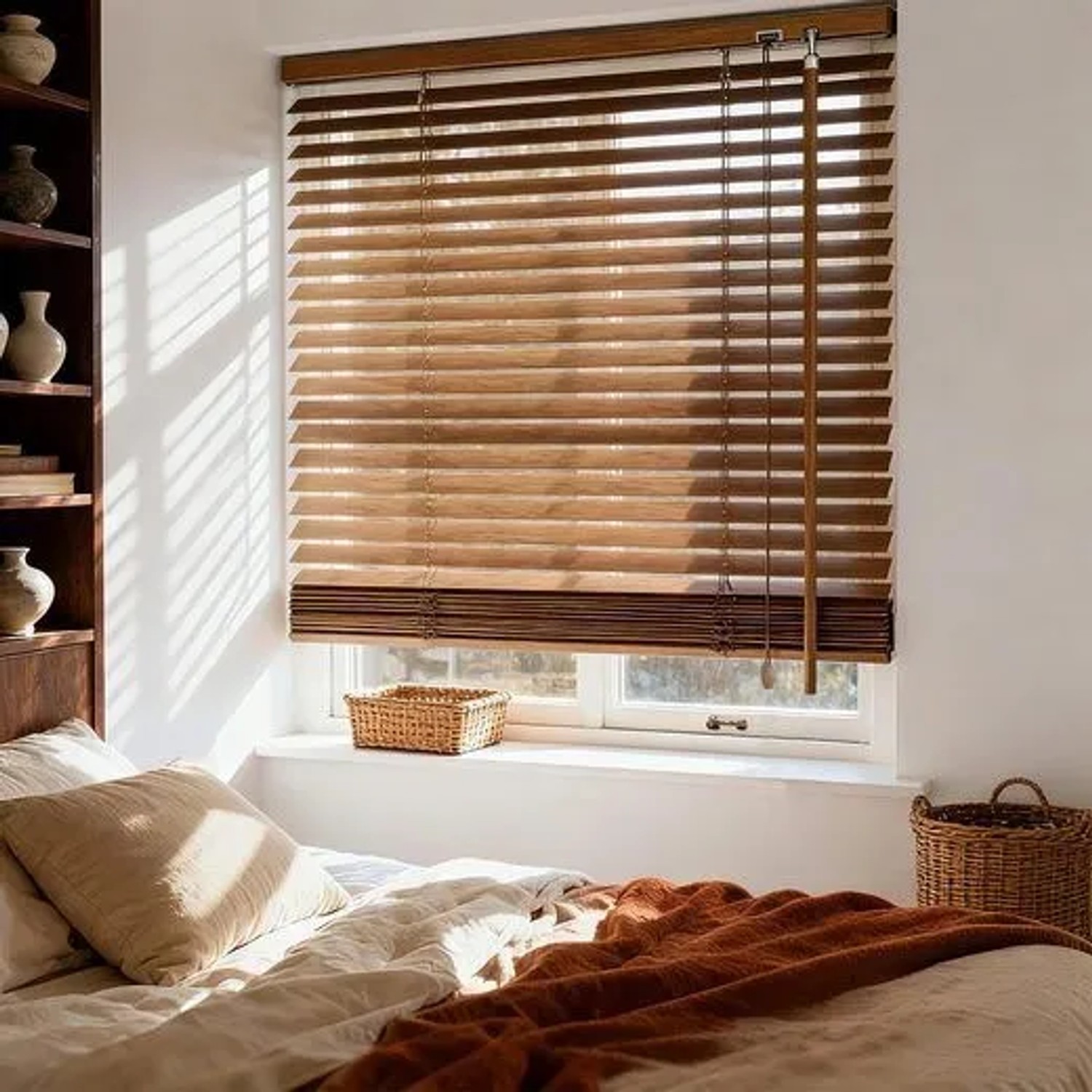 Holzjalousie in Walnussholzoptik mit 35mm Lamellen am Fenster im Schlafzimmer. Flexibler Sicht- & Sonnenschutz.
