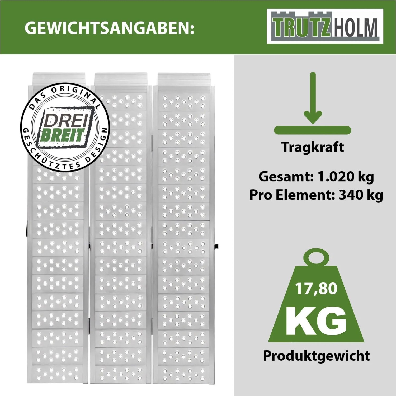 DREIBREIT Auffahrrampe, 3-fach klappbar, Alu, 1020kg Tragkraft für Autoanhänger.