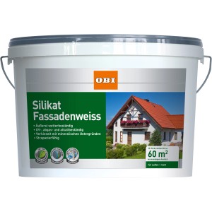 Eimer OBI Silikat Fassadenweiss, matte Silikatfarbe für mineralische Untergründe, 10 Liter.