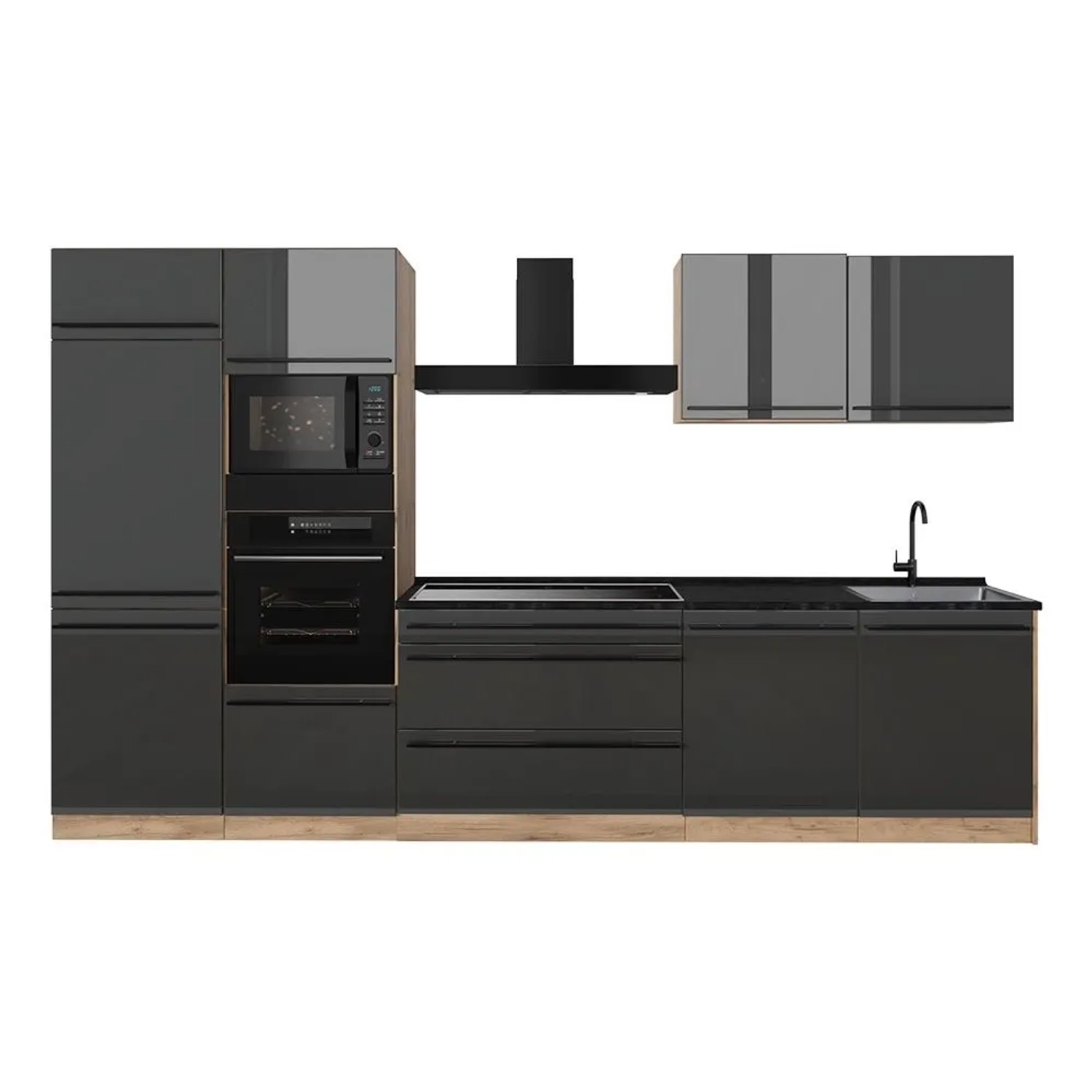 Vicco Küchenzeile R-Line Anthrazit Hochglanz/Goldkraft Eiche 340 x 207 Arbeitsplatte Anthrazit Art Nr 66569