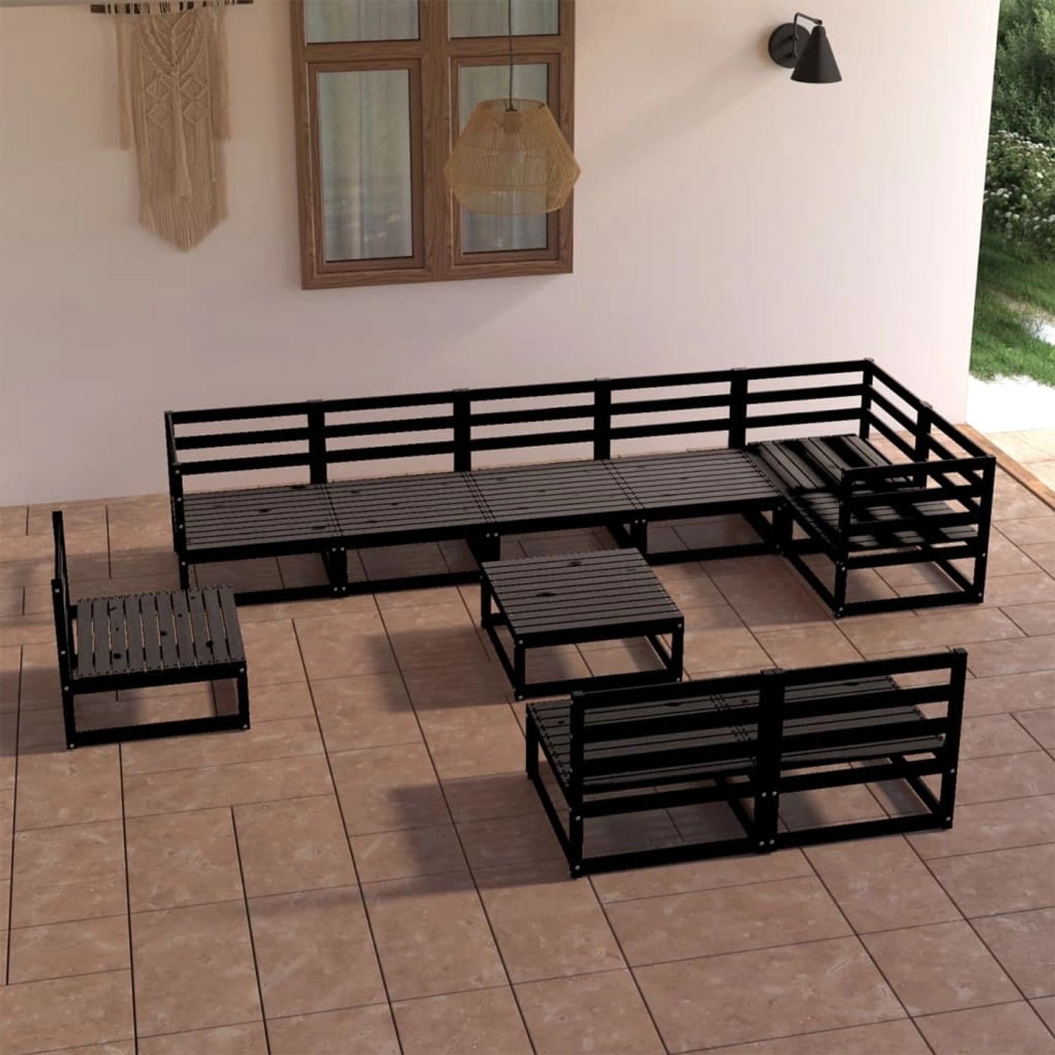 Schwarzes 10-tlg. Garten-Lounge-Set aus Kiefernholz, bestehend aus Sofas, Eckteilen und Tisch.