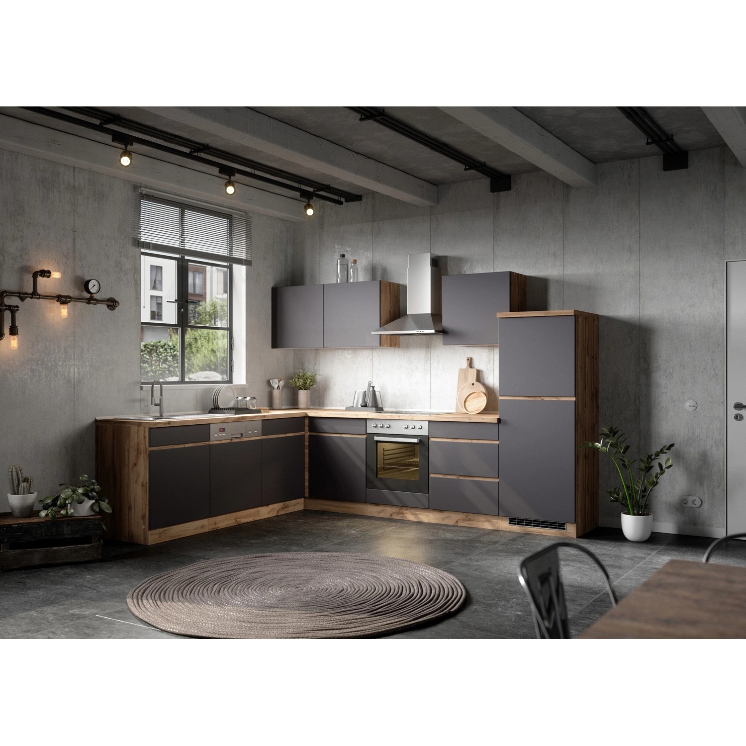 Held Möbel Winkelküche Turin 240 x 300 cm Graphit-Wotaneiche mit E-Geräten