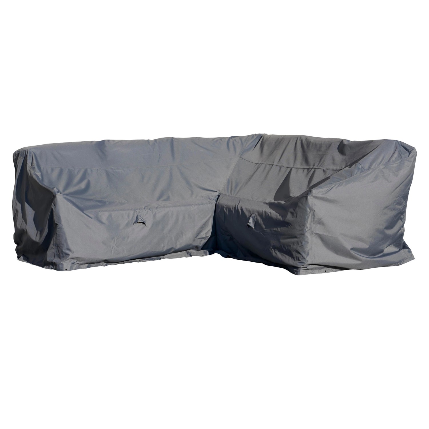 Graue Schutzhülle für eine Mehr Garten Premium Dining-Lounge-Ecke in L-Form.