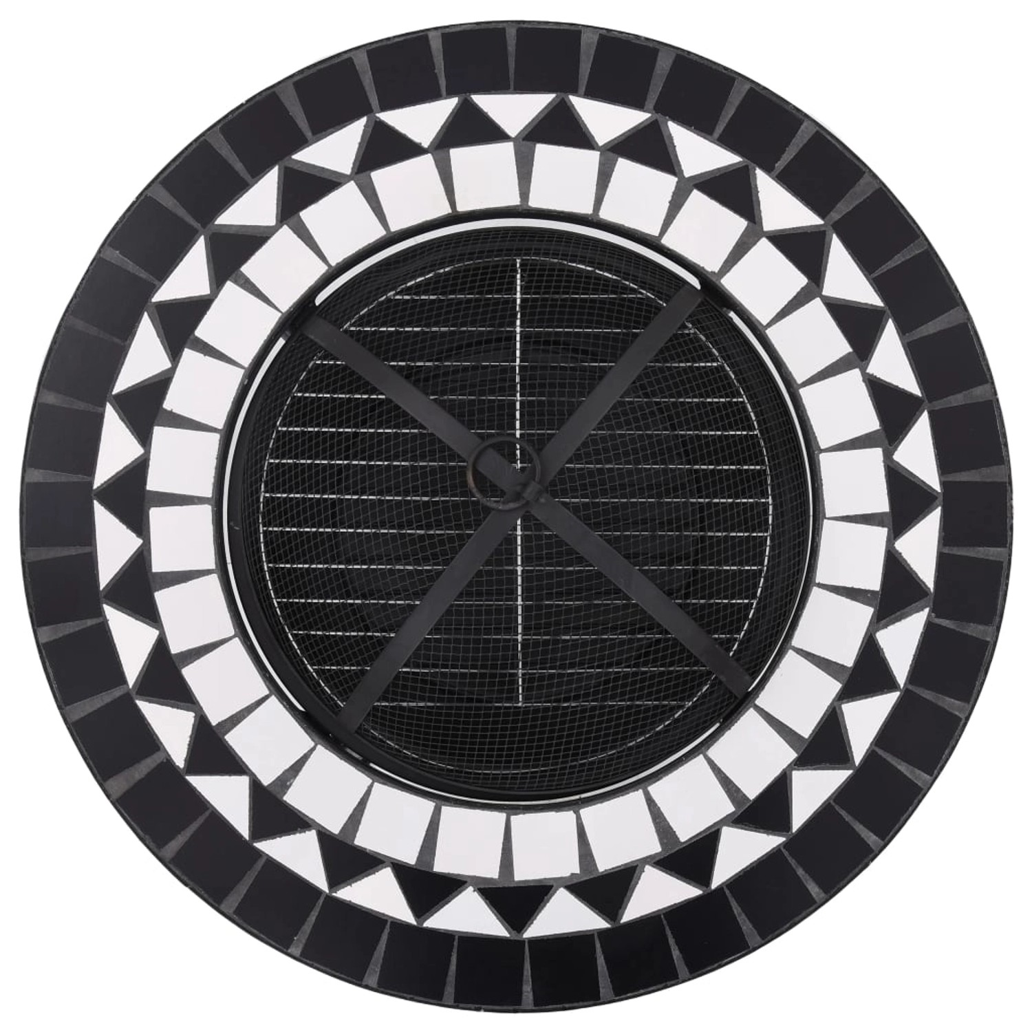 Runder vidaXL Feuertisch mit Mosaik aus Keramik in Schwarz und Weiß, Draufsicht.
