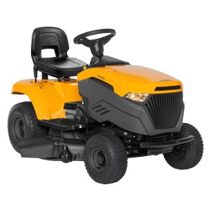 Gelber Stiga Rasentraktor Tornado 398 M mit Seitenauswurf. Kompakter Rasenmähertraktor.