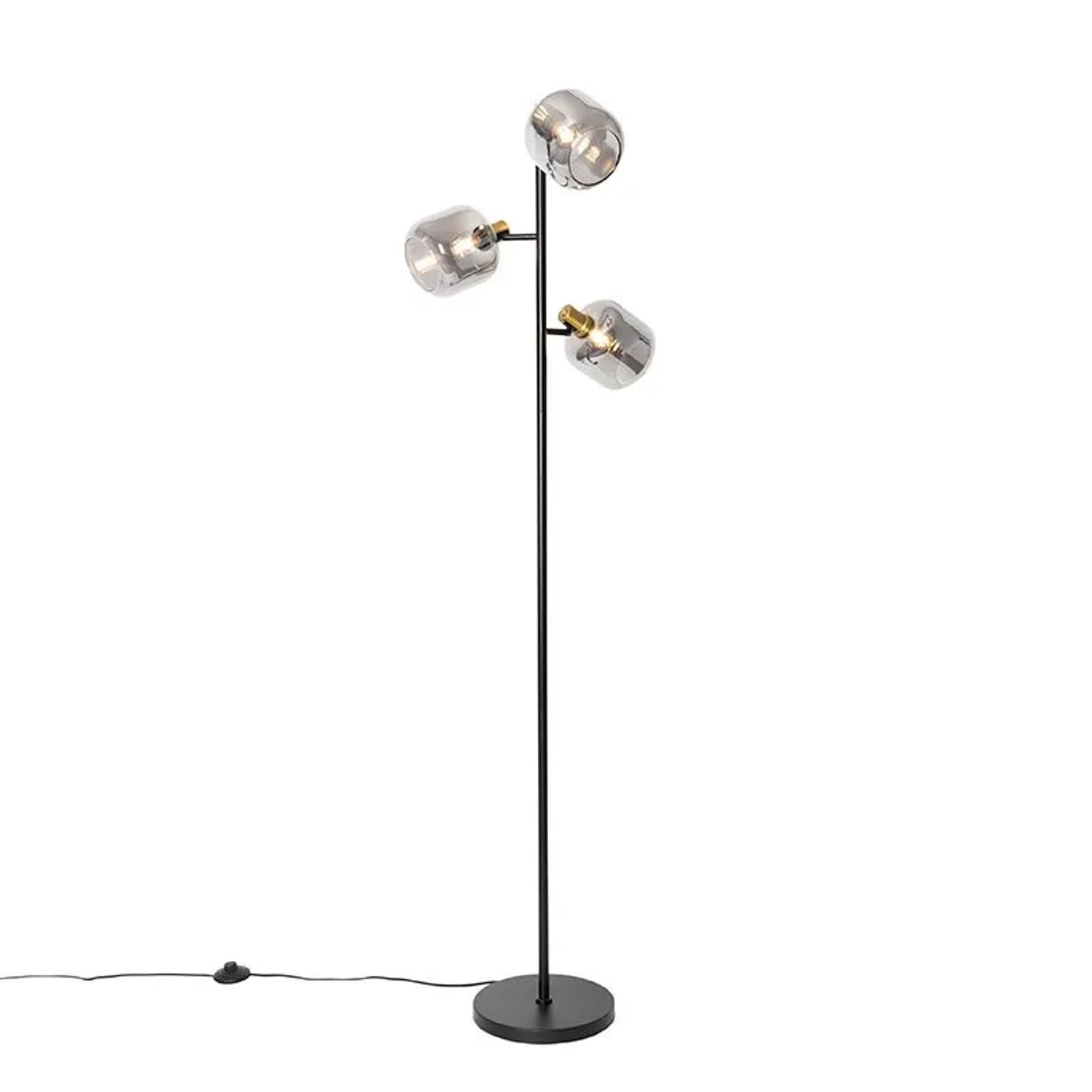 QAZQA Stehlampe Schwarz mit Gold mit Rauchglas 3 Lichter Zuzanna