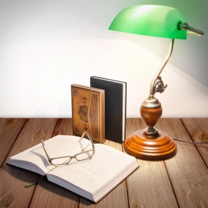 Relaxdays Bankerlampe Holz Glas Metall Grün Rutschfest 43 cm x 26,5 cm x 18 cm