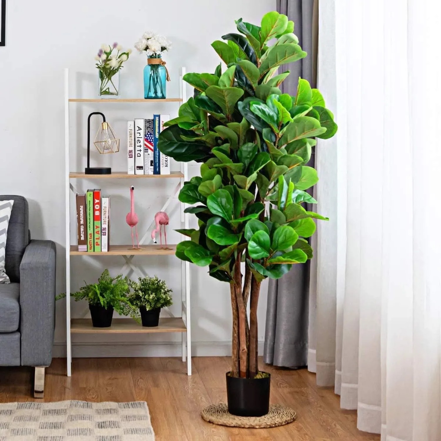 Grüner künstlicher Feigenbaum 120 cm mit natürlichen Stämmen im schwarzen Topf, ideal für Zuhause und Büro.