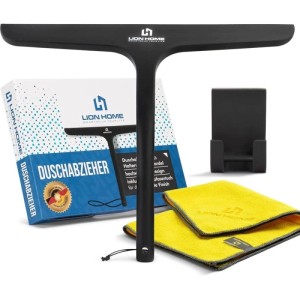 Lion Home Duschabzieher Set, matt schwarz, mit Halterung und Mikrofasertüchern.