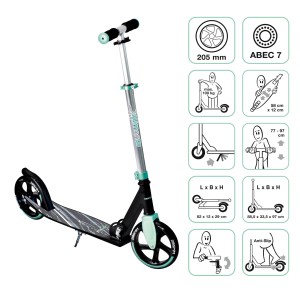 Muuwmi Tretroller, türkis, mit 205 mm Rollen, ABEC 7 Kugellager und höhenverstellbarem Lenker.