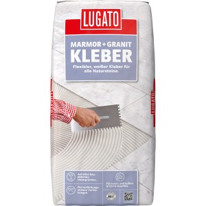 Sack Kleber Marmor + Granit, weiß, für Natursteinfliesen. Anwendung mit Zahnspachtel.