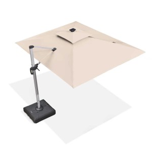 Beiger rechteckiger PURPLE LEAF Ampelschirm mit Solar LED, Doppeldach, grauem Alurahmen und schwarzem Standfuß.