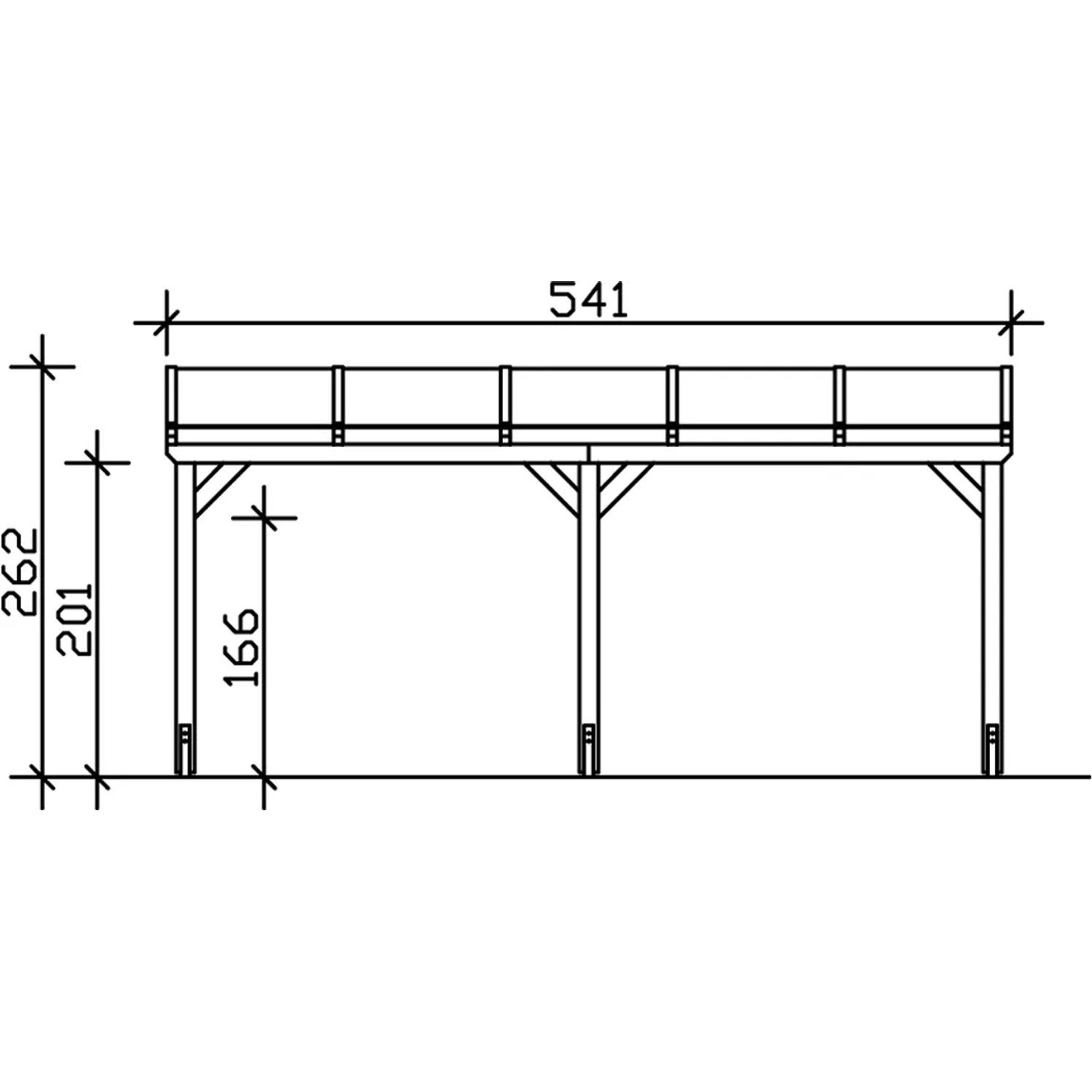 Technische Zeichnung: Skan Holz Carport Vogtland 300x541 cm, Eiche hell, mit Maßangaben.