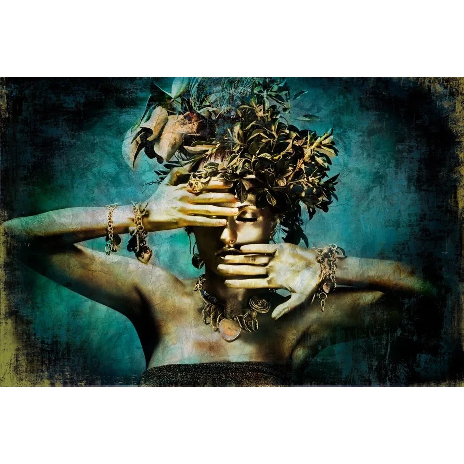 Art Universe Glasbilder Goldfarbene Schönheit mit Blätterschmuck 80 x 120 cm