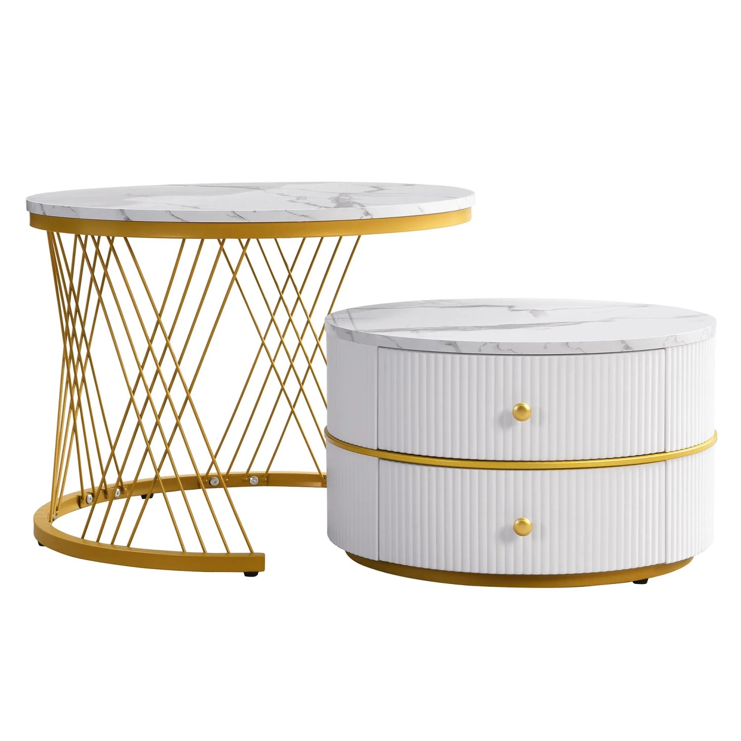okwish Couchtisch Set mit Marmoroptik Schubladen Nesting 60x60x46cm 50x50x31cm Goldfarben