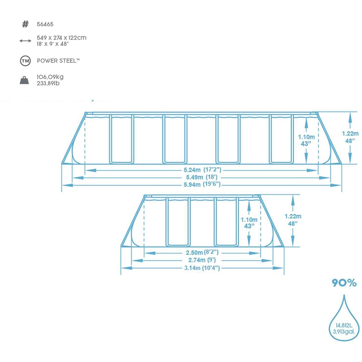 Technische Zeichnung Bestway Stahlrahmenpool 549x274x122cm mit Maßangaben.