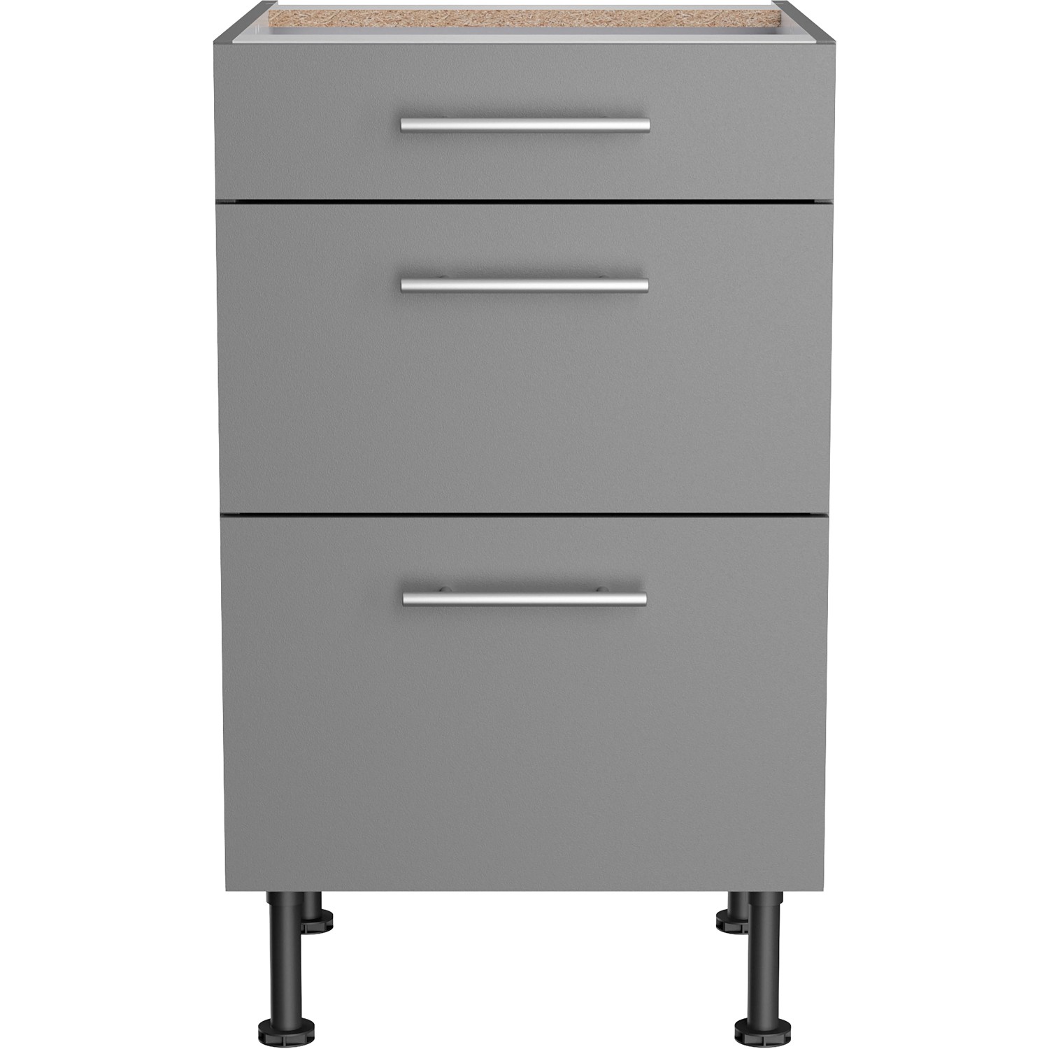 Optifit Unterschrank Mats825, 50 cm breit, mit 3 Auszügen in Basaltgrau. Küchenunterschrank mit Metallgriffen.