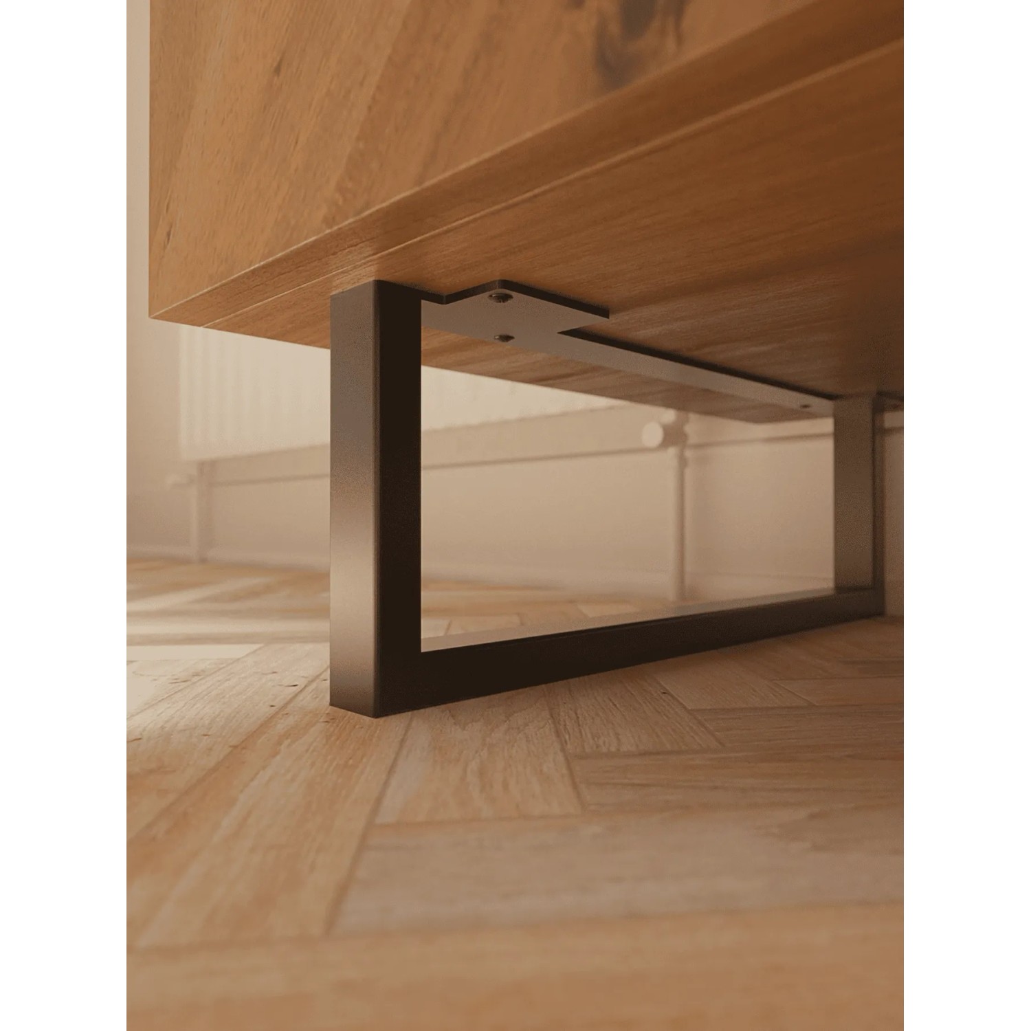 HEVVA Möbelfüße GRAZ, 2er Set, 15 cm hoch, 35 cm tief, schwarz, unter Holzmöbel montiert.