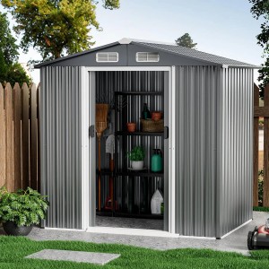 Costway Gartenhaus aus Metall, 182x129x196 cm, grau, mit geöffneter Tür und Regal im Inneren.