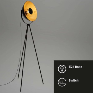 Brilo Stehleuchte Vintage in Schwarz-Gold mit Fußtaster und dreibeinigem Gestell.