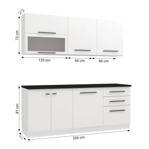 Homestyle4u Küchenzeile 200 cm in Weiß/Schwarz, ohne Geräte und Spüle.