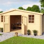 Lasita Holz-Gartenhaus Wels 5, naturbelassen mit geöffneten Doppeltüren und Fenstern.