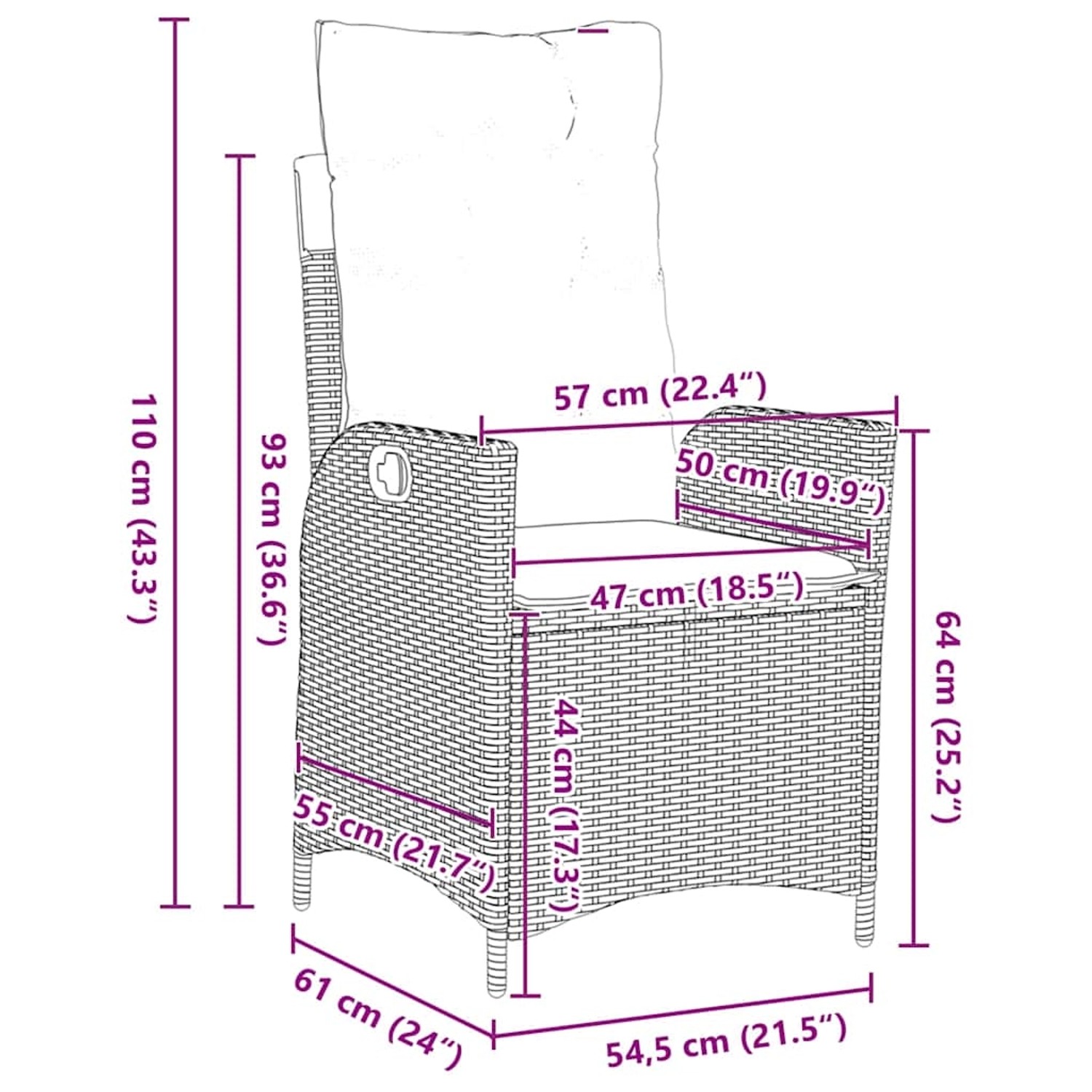 Abmessungen des grauen vidaXL Gartenstuhls aus Polyrattan, Teil der 5-tlg. Essgruppe.
