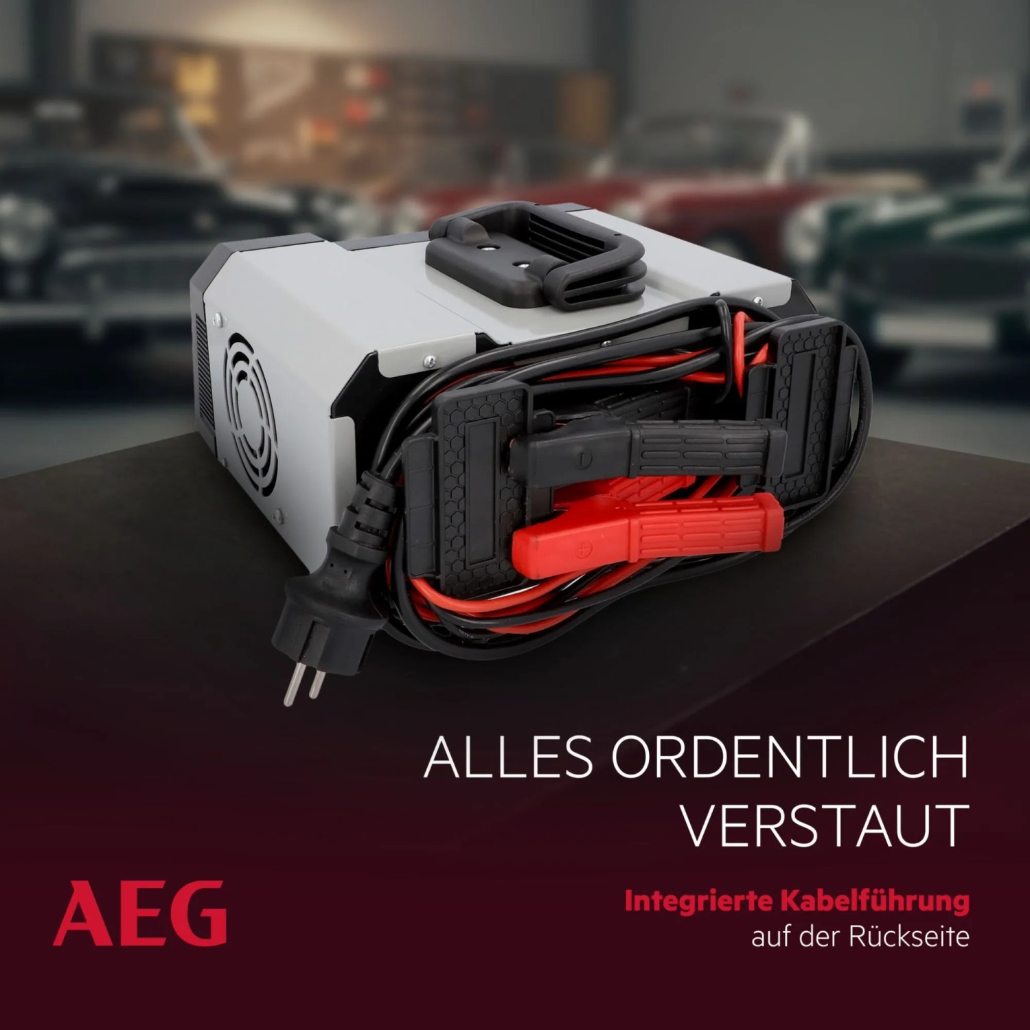 AEG Batterieladegerät CW10 mit Kabeln und Klemmen, Autoelektrik für 6V/12V Batterien.