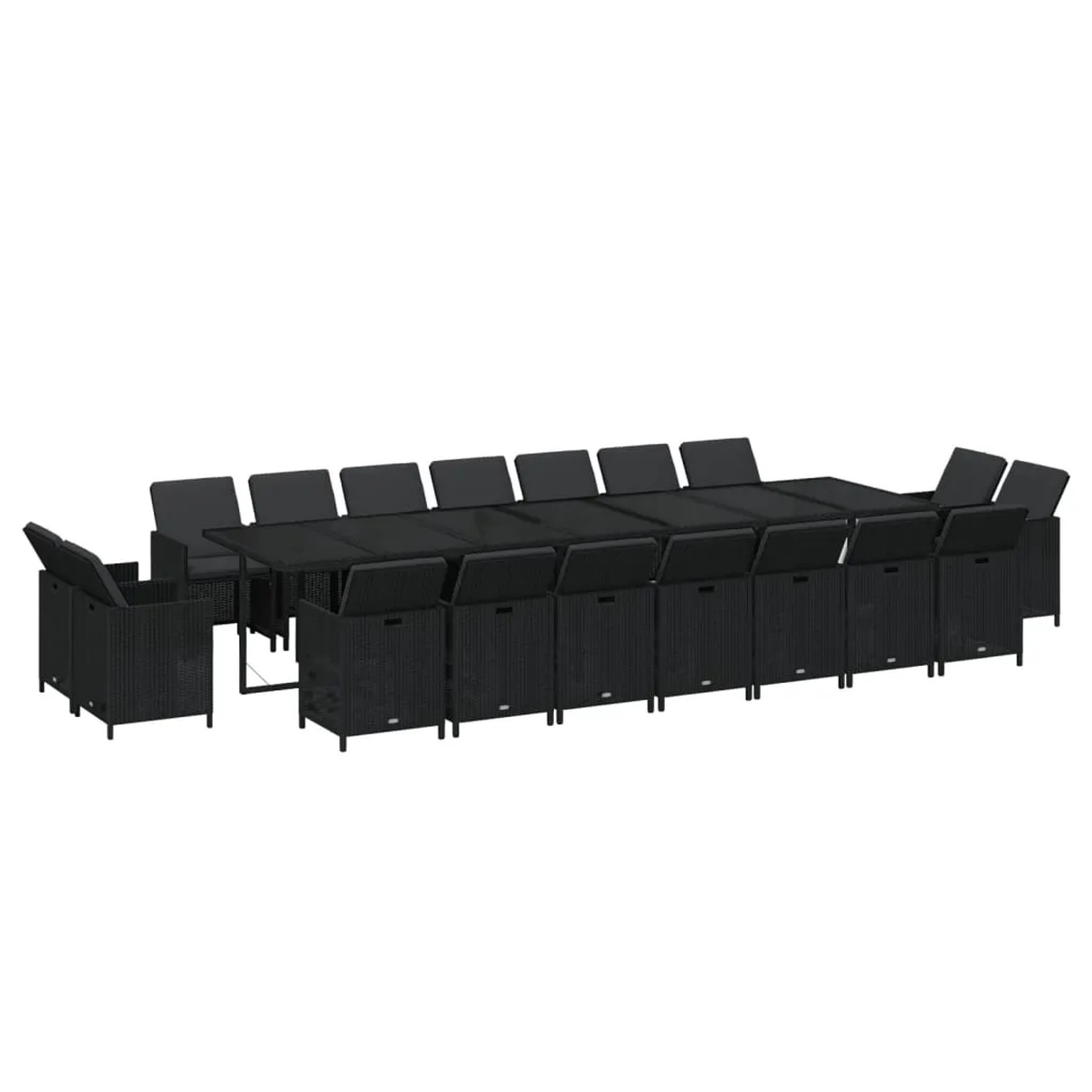 Schwarze 19-teilige Garten Essgruppe aus Poly Rattan mit Tisch, Stühlen und Kissen.