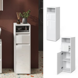 Vicco Midischrank Majest, weiß/hochglanz, 30x96cm. Badregal mit Ablage und Tür für Badutensilien.