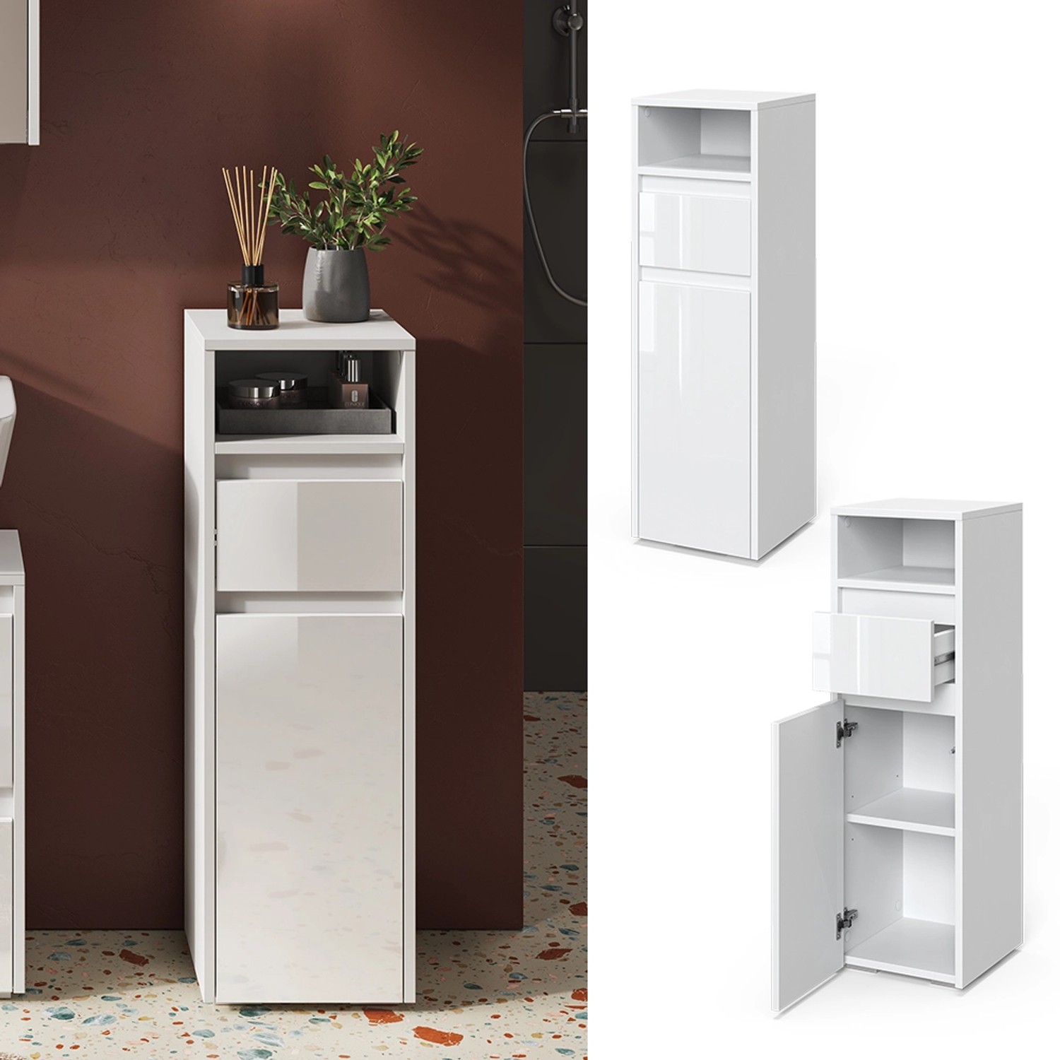 Vicco Midischrank Majest, weiß/hochglanz, 30x96cm. Badregal mit Ablage und Tür für Badutensilien.