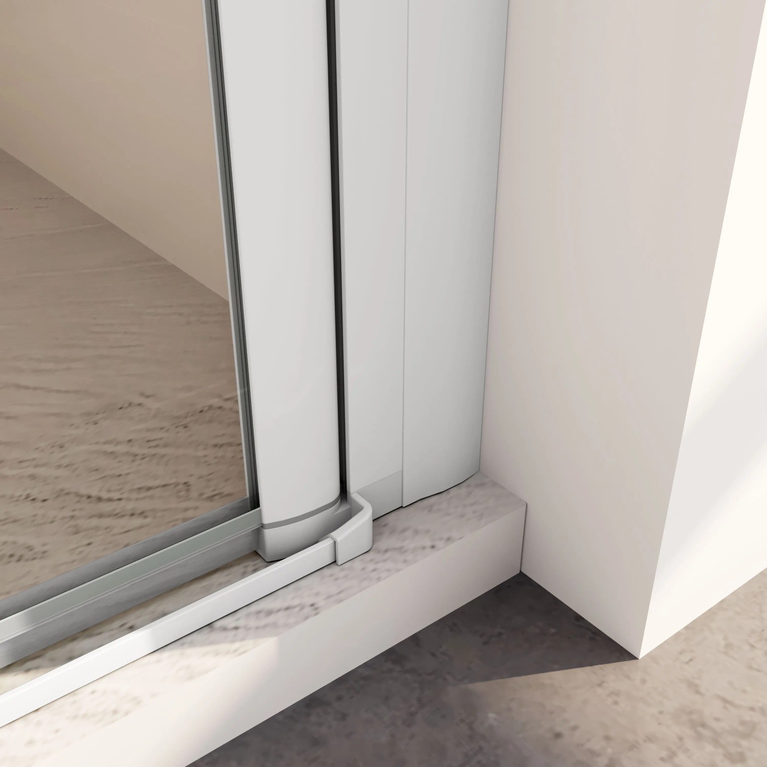 Detailaufnahme einer mattgrauen AICA Doppeltür Duschabtrennung mit Pendeltür und Sicherheitsglas.