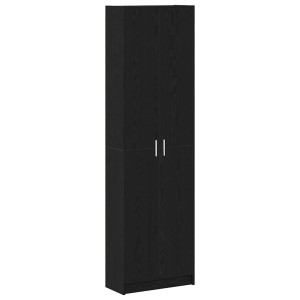 Schmaler, schwarzer Kleiderschrank in Eichen-Optik mit zwei Türen und silbernen Griffen.