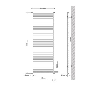 Skizze: LuxeBath Badheizkörper, 600x1500mm, Chrom, gerade, mit Maßangaben.
