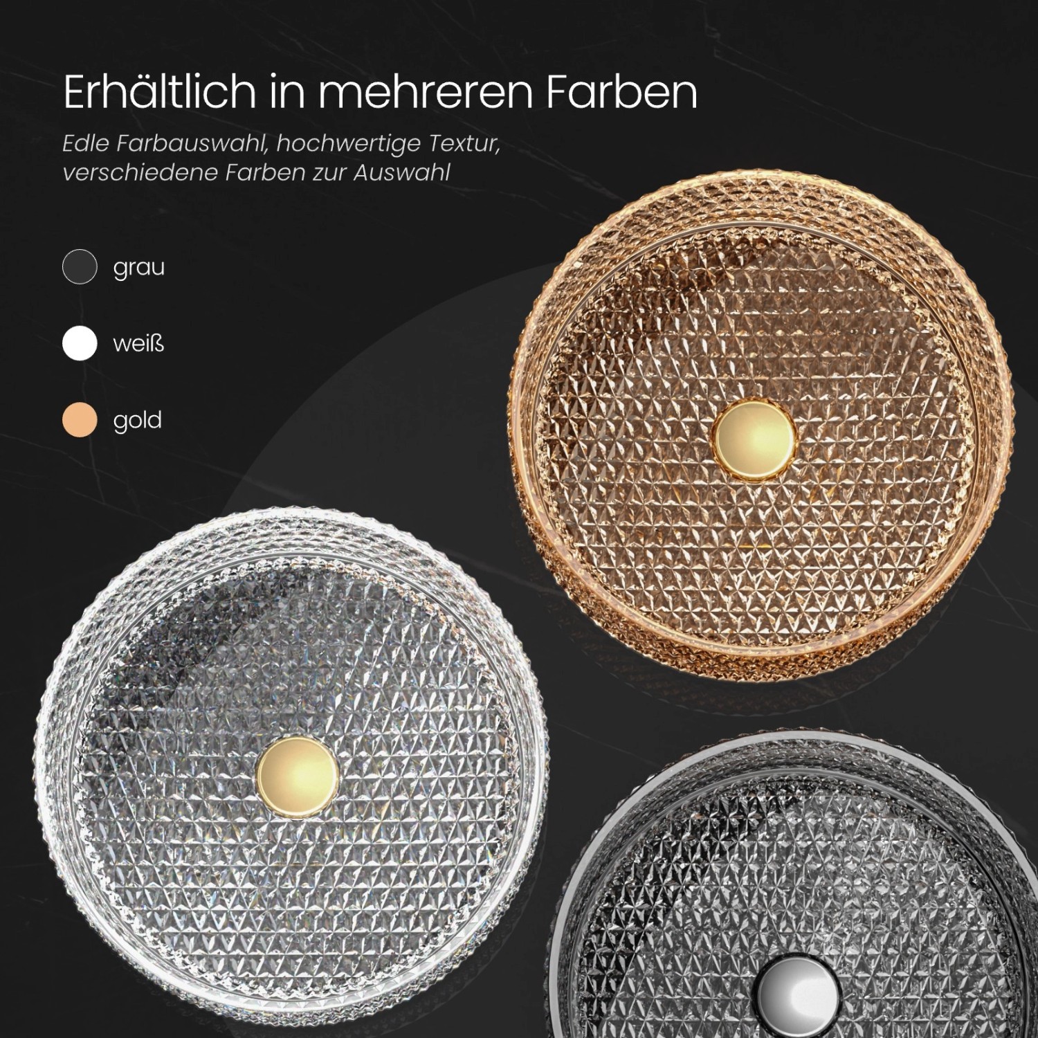 Emke Aufsatzwaschbecken in Roségold, Weiß und Grau. Runde Form, Glasstruktur.