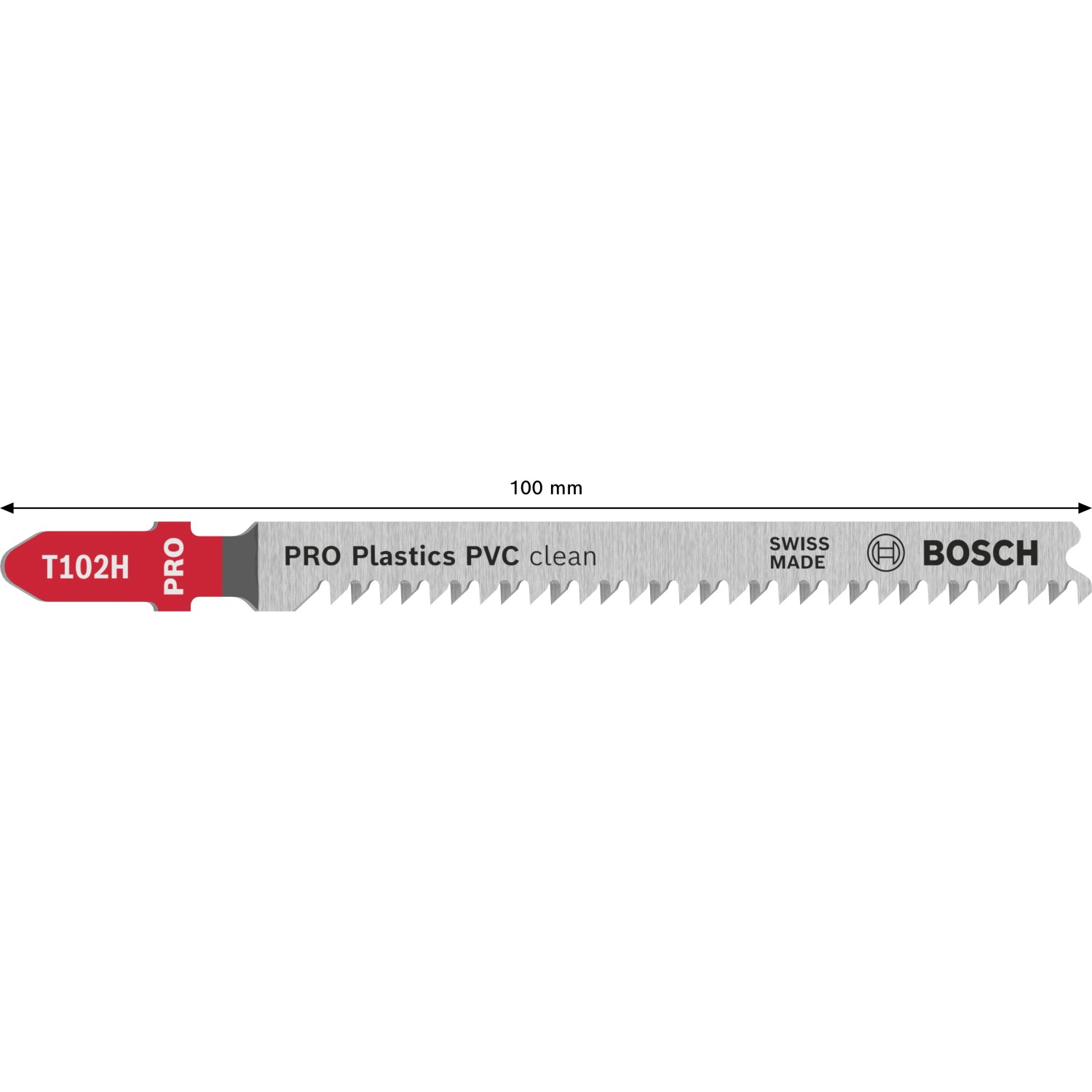 Bosch Stichsägeblatt Pro T 102 H Clean for PVC, 100 mm lang, mit T-Schaft, für saubere Kunststoffschnitte.