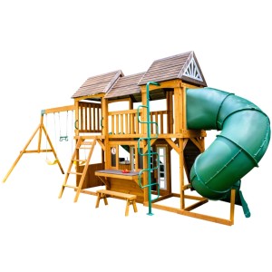 Zwerkules Spielturm Bolzo mit Rutschen, Schaukel und Kletterwand aus Holz, 347x692x285cm.