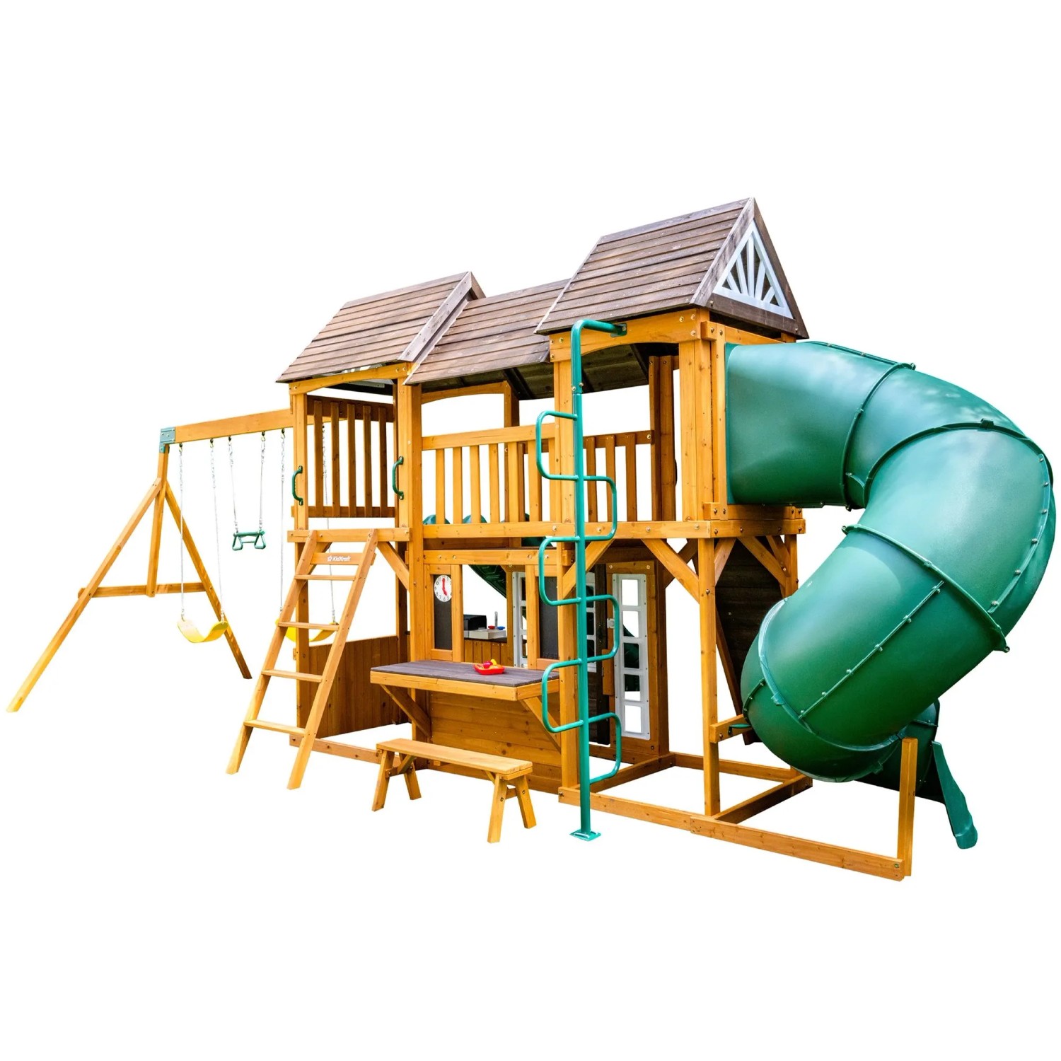 Zwerkules Spielturm Bolzo mit Rutschen, Schaukel und Kletterwand aus Holz, 347x692x285cm.
