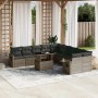 Graue 11-tlg. vidaXL Garten-Sofagarnitur aus Poly Rattan mit Tisch und Kissen.