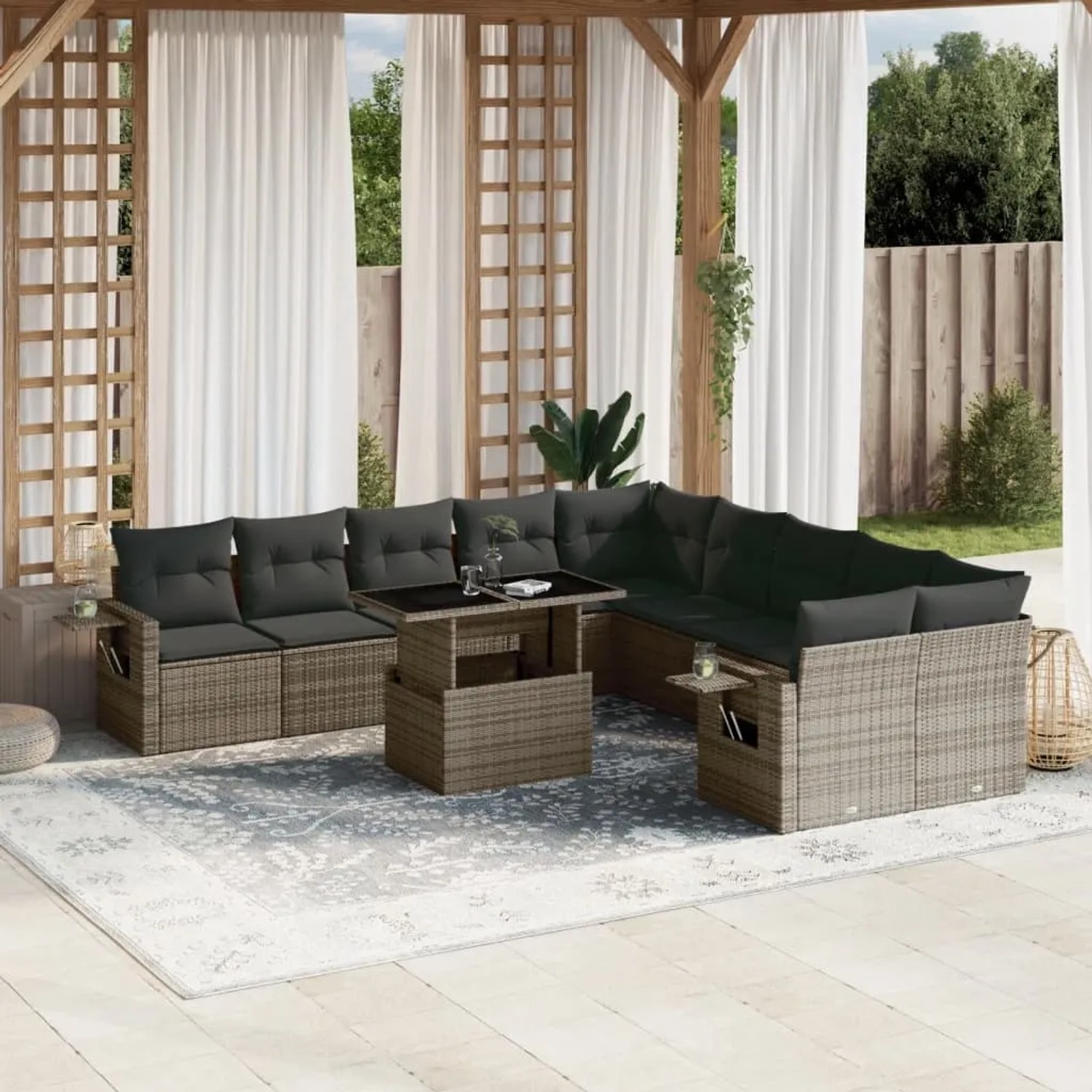 Graue 11-tlg. vidaXL Garten-Sofagarnitur aus Poly Rattan mit Tisch und Kissen.