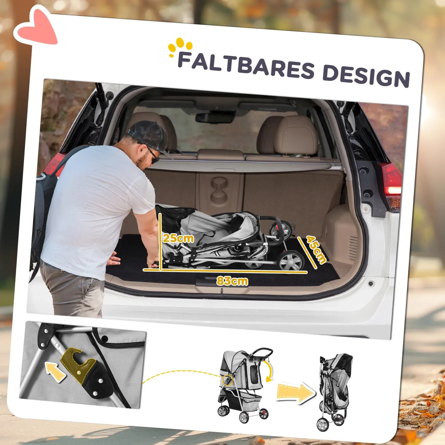 Zusammengeklappter PawHut Hundewagen im Kofferraum, ideal für Transportboxen für Kleintiere.