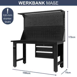 Schwarze DELUKE Werkbank ROBI mit Lochwand, Schubladen und Arbeitsplatte (170x150x75 cm).