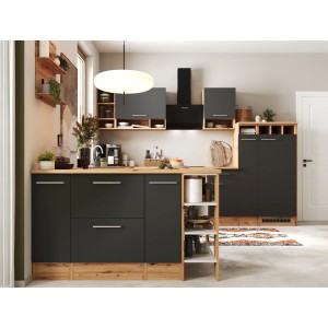 Moderne graue Respekta Küche Hilde 310 cm mit Kücheninsel und Elektrogeräten.